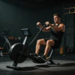 Sportowiec na ski ergu w crossfit box wykonujący mocne pociągnięcie