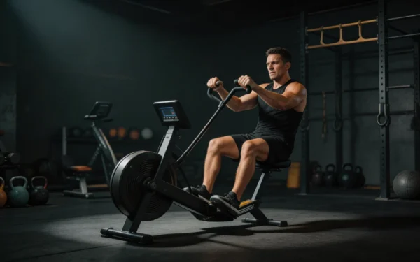 Sportowiec na ski ergu w crossfit box wykonujący mocne pociągnięcie