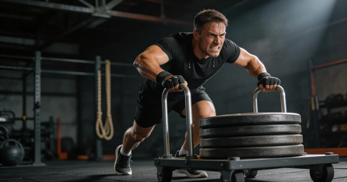 Sportowiec pchający ciężkie sanki po podłodze siłowni crossfit