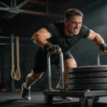 Sportowiec pchający ciężkie sanki po podłodze siłowni crossfit
