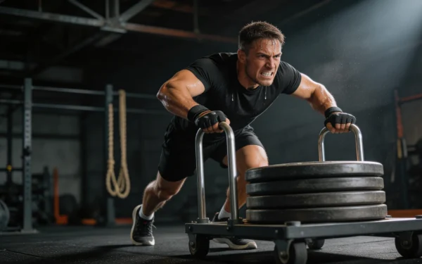 Sportowiec pchający ciężkie sanki po podłodze siłowni crossfit