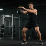 Sportowiec wykonujący trening funkcjonalny z kettlebellem w nowoczesnej siłowni