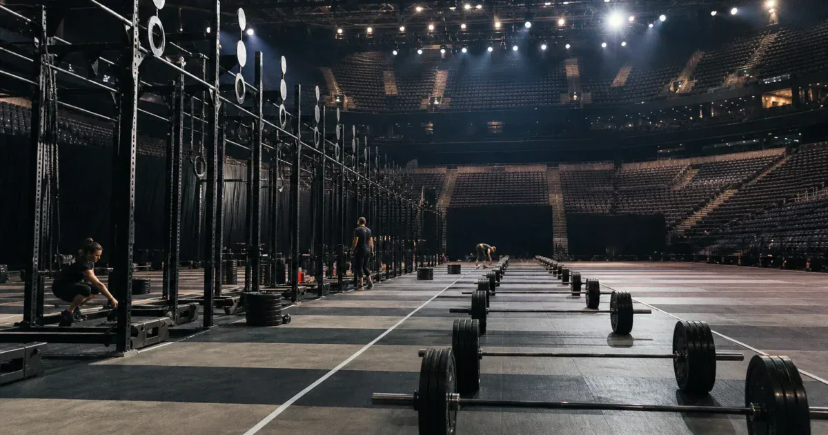 Pusta hala zawodów CrossFit ze sztangami przed startem