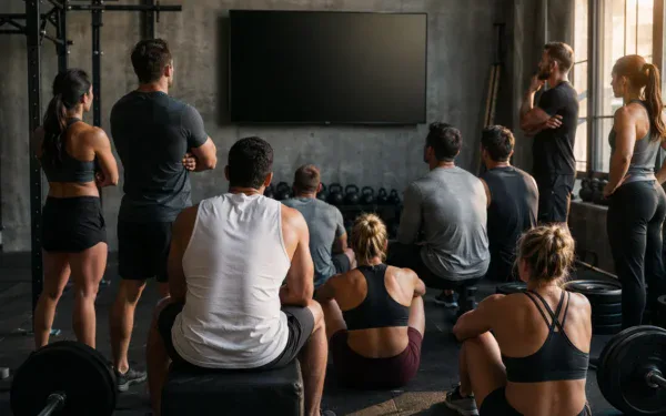 Społeczność CrossFit ogląda ekran podczas weryfikacji filmów drużynowych półfinałów online