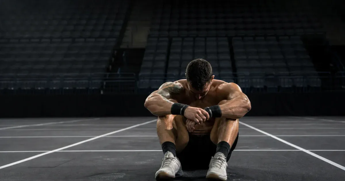 Zawodnik CrossFit z opuszczoną głową na pustej hali po dyskwalifikacji