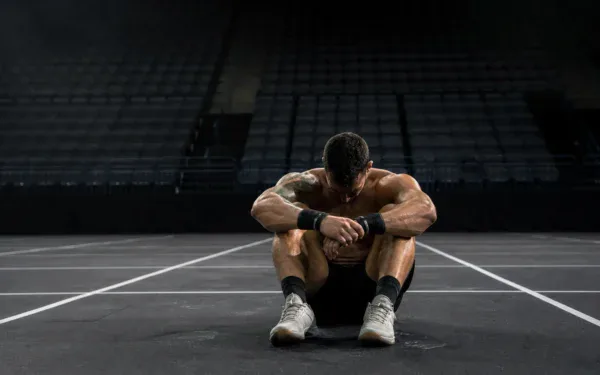 Zawodnik CrossFit z opuszczoną głową na pustej hali po dyskwalifikacji