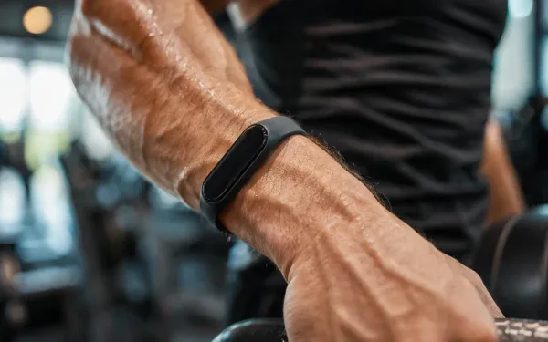 Zbliżenie opaski fitness na nadgarstku sportowca podczas treningu