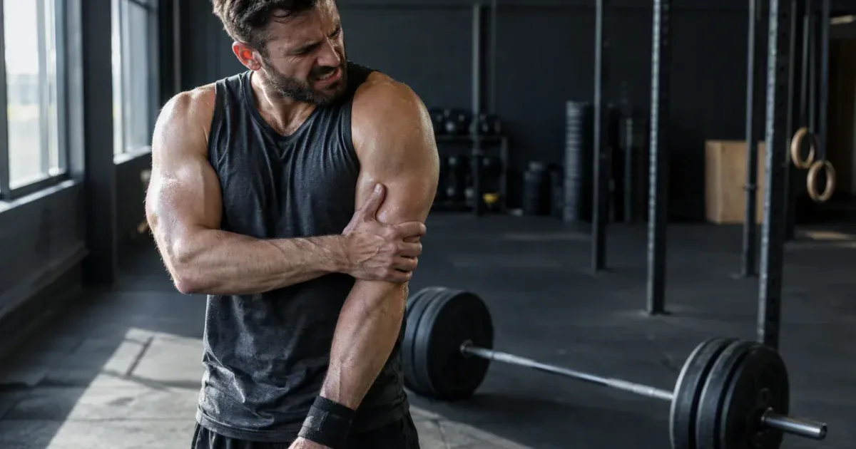 Zawodnik trzymający obolałe ramię na siłowni, zerwany biceps