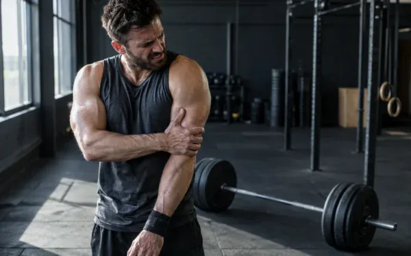 Zawodnik trzymający obolałe ramię na siłowni, zerwany biceps