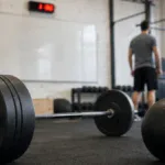 Benchmark CrossFit w boxie: sztanga i piłka lekarska na podłodze, w tle tablica z rozpiską i zegar