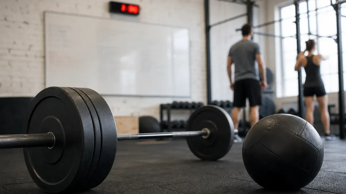 Benchmark CrossFit w boxie: sztanga i piłka lekarska na podłodze, w tle tablica z rozpiską i zegar