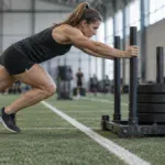 Plan treningowy HYROX: zawodniczka pcha obciążone sanki po sztucznej trawie w hali fitness