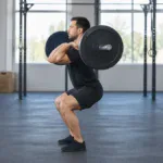 Power clean: odbiór sztangi we front racku w półprzysiadzie, biodra nad kolanami, łokcie wysoko