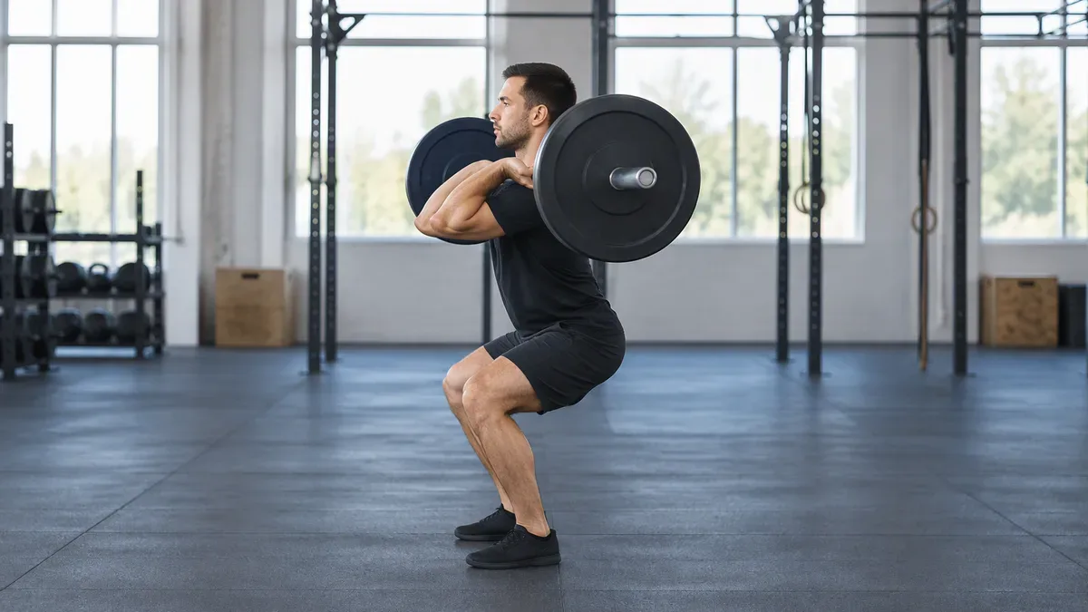 Power clean: odbiór sztangi we front racku w półprzysiadzie, biodra nad kolanami, łokcie wysoko