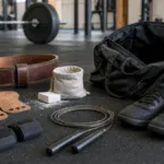Sprzęt CrossFit na start: płaskie buty, skakanka, magnezja, skórki, owijki i pas obok torby w boxie