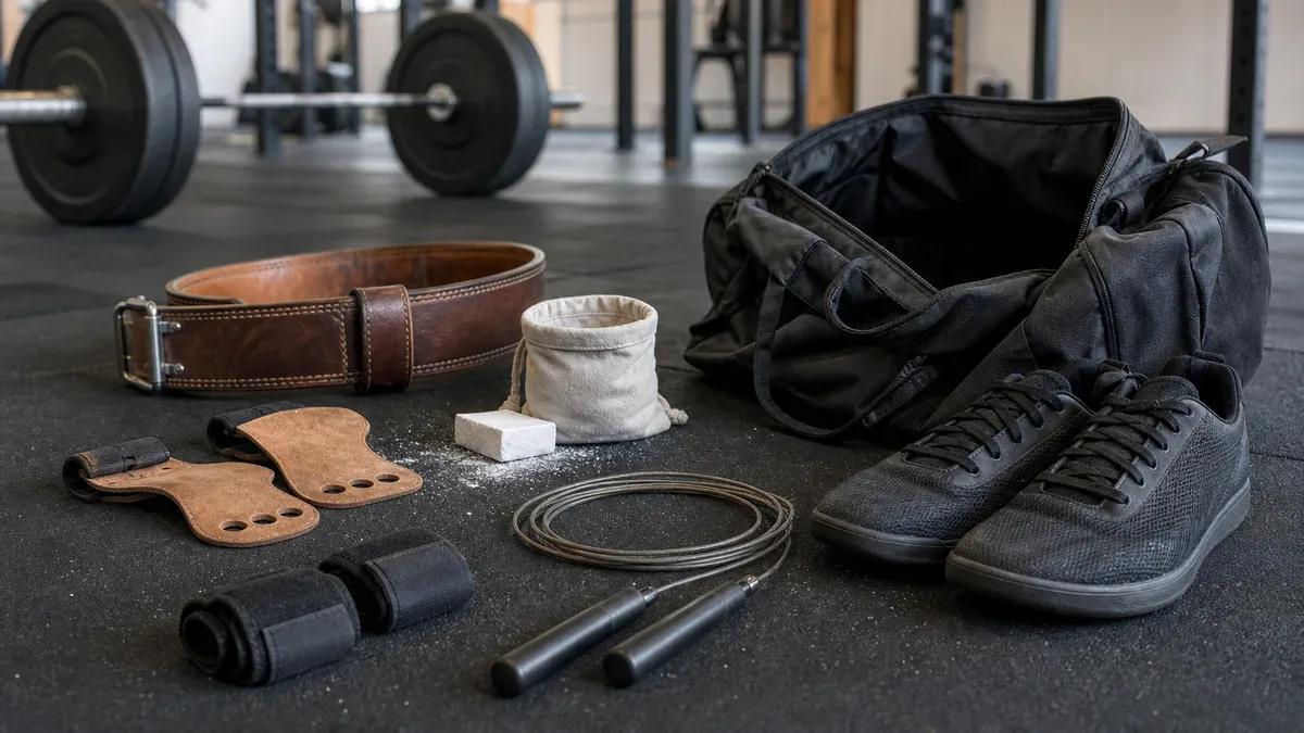 Sprzęt CrossFit na start: płaskie buty, skakanka, magnezja, skórki, owijki i pas obok torby w boxie