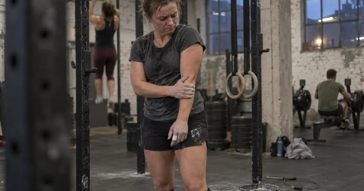 Zawodniczka w boksie CrossFit trzyma się za bolący łokieć po zejściu z drążka