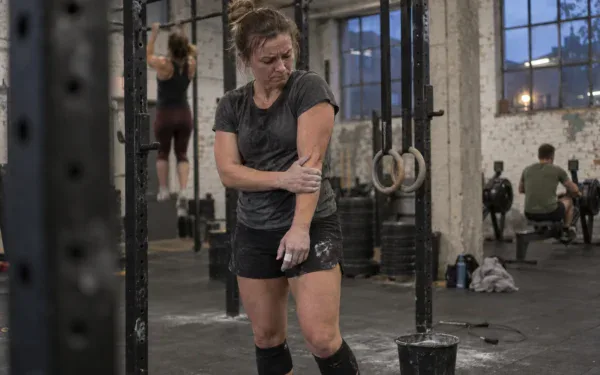 Zawodniczka w boksie CrossFit trzyma się za bolący łokieć po zejściu z drążka